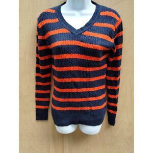 Nautica Womens Striped Sweater Navy & Orange V-Neck 100% Cotton Size M